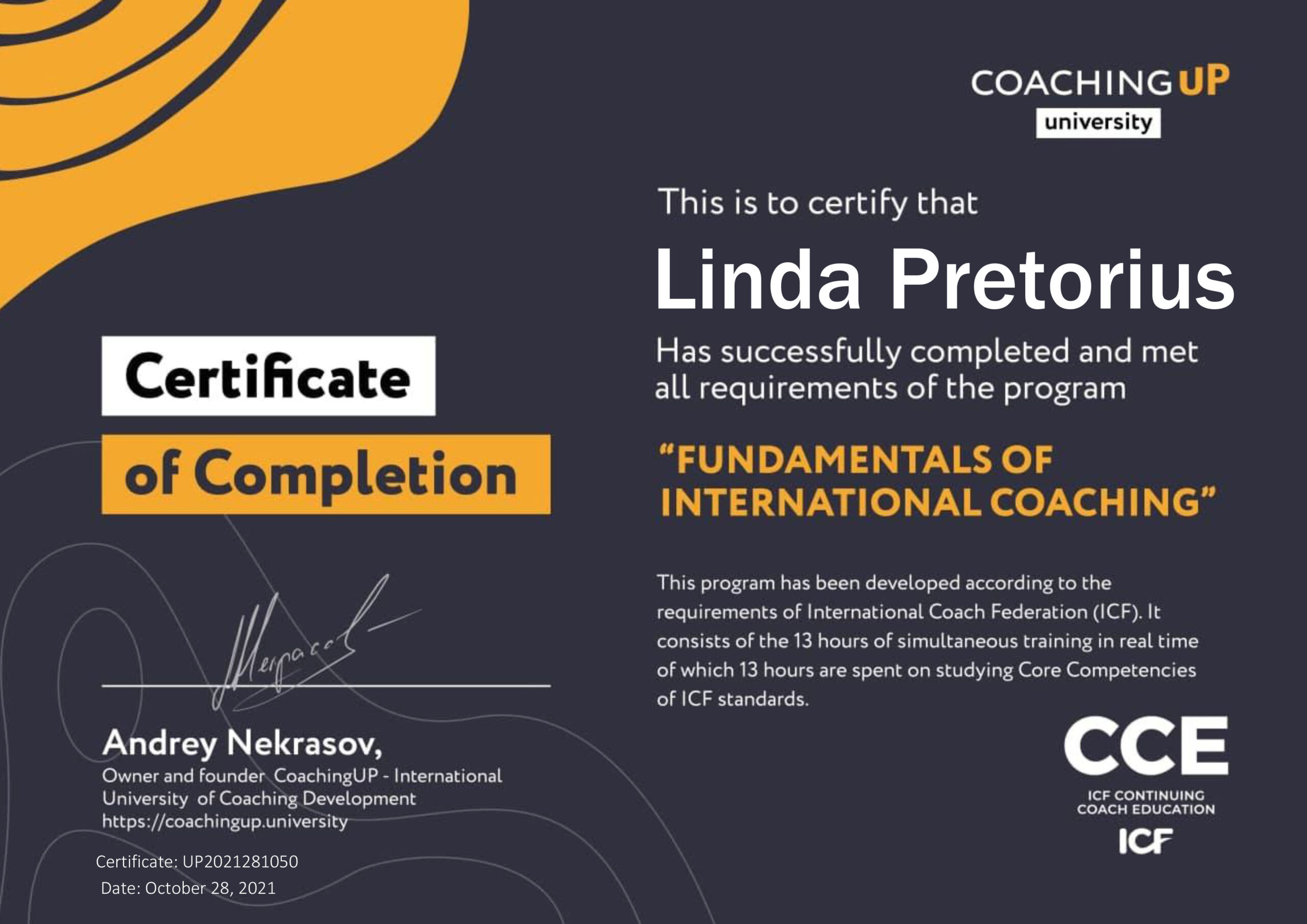 ICE certification Linda Pretorius